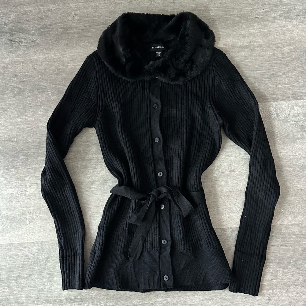 Le Chateau black ribbed Cardigan with fur collar long top knit